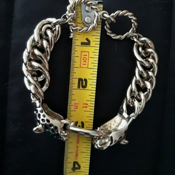 Vintage Double Leopard Head with Green Rhinestone Eyes Chunky Chain Bracelet - Picture 11 of 15